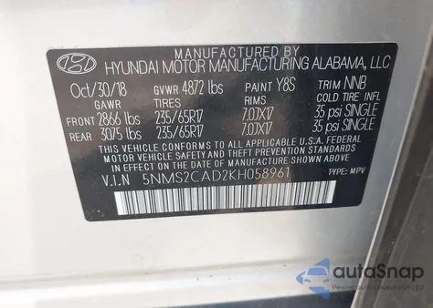 2019 Hyundai Santa Fe Se from USA, damaged, VIN 5NMS2CAD2KH058961